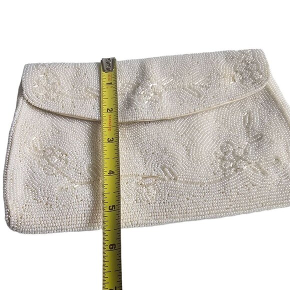 Vintage Hand-Beaded Ivory Clutch Purse Made in Japan Bridal bag - Picture 6 of 11